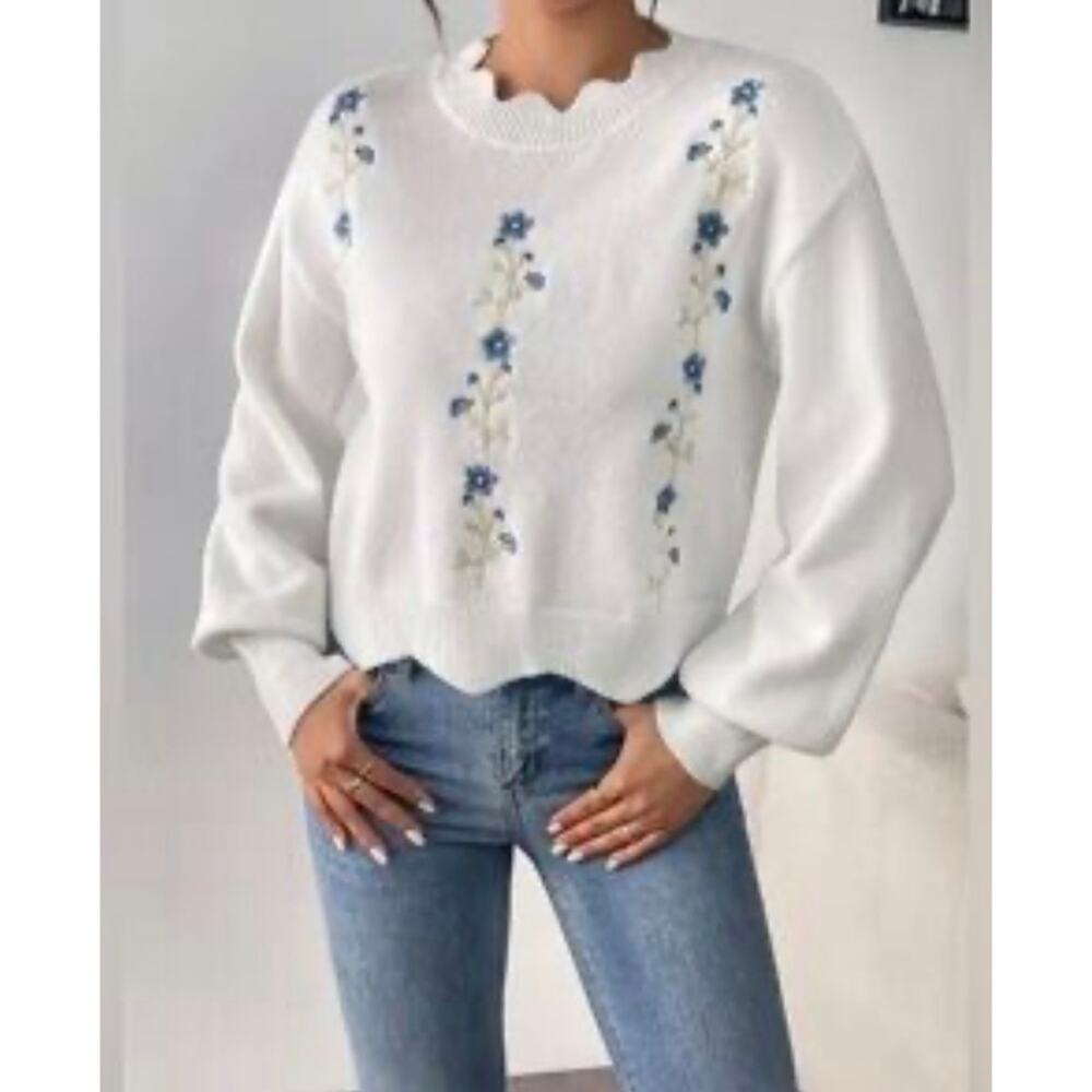 SHEIN Scallop Neck and Hem White with Blue Embroidered Sweater Medium